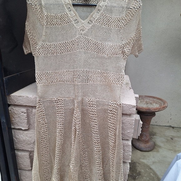 Crochet Knit Dress SzS Cream V Neck Short Sleeves Rayon - Picture 8 of 8